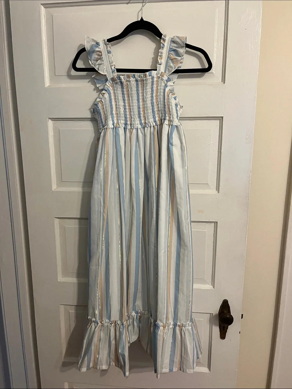 Haute Hippie Light Blue, White & Gold Striped Sundress with Ruffle Straps